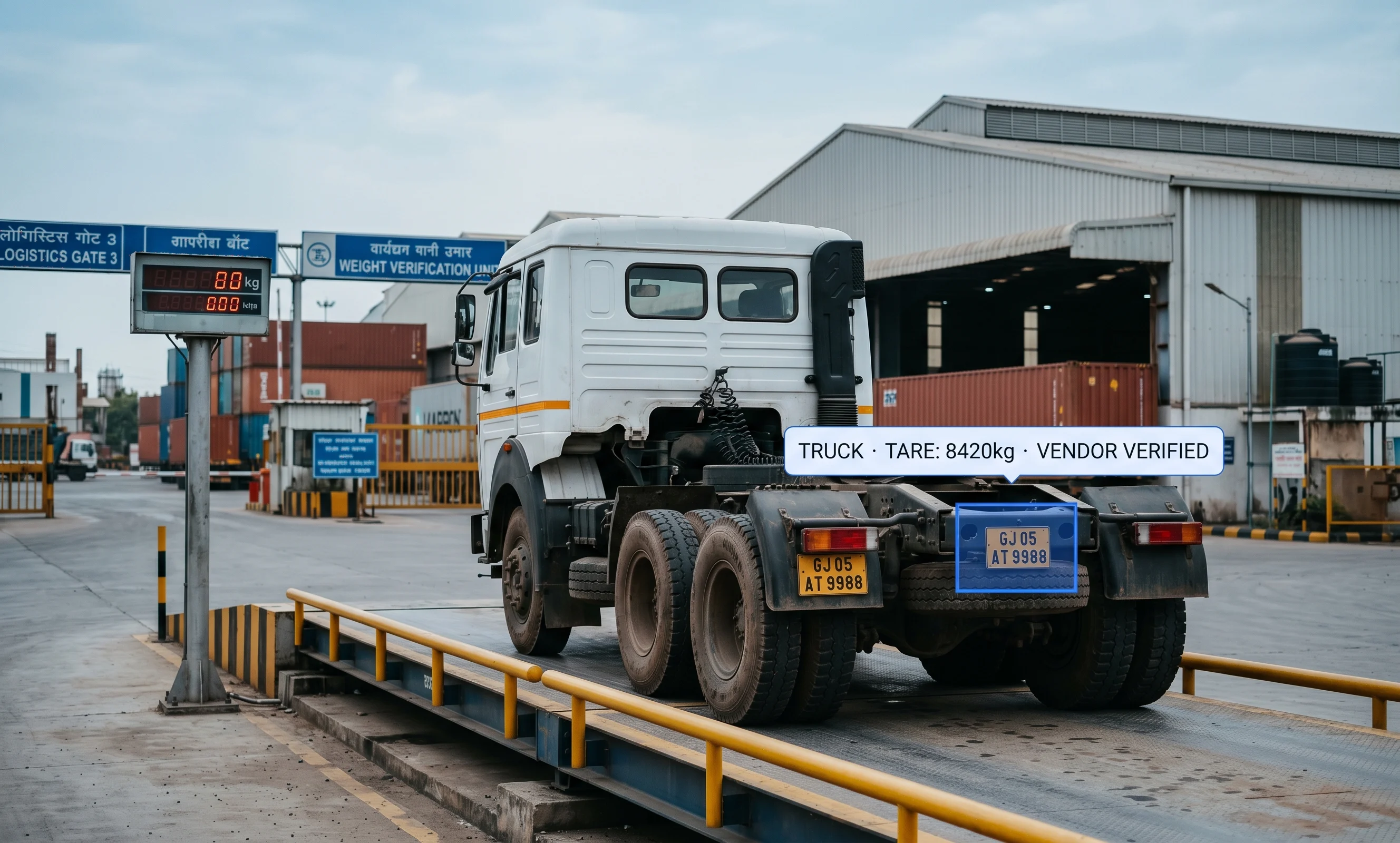 ANPR system monitoring trucks at an industrial weighbridge gate